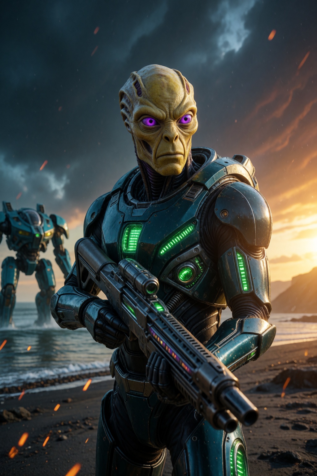 Realistic medium shot,  of an alien warrior with a look of determination and serious in his unnaturally large purple eyes....