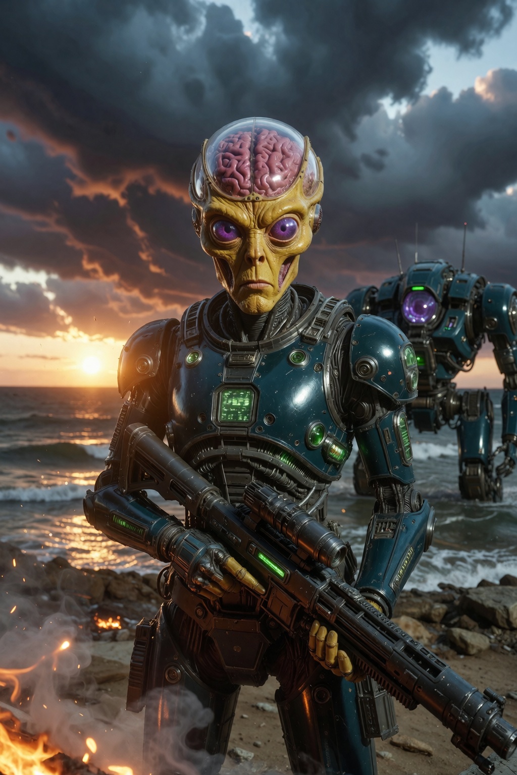 Realistic medium shot,  of an alien warrior with a look of determination and serious in his unnaturally large purple eyes....