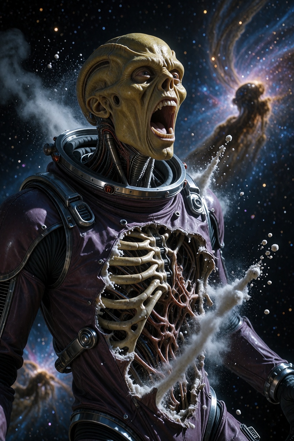 Still capture of a horror science-fiction movie. A screaming yellow-skinned alien astronaut levitates in the vacuum of dee...