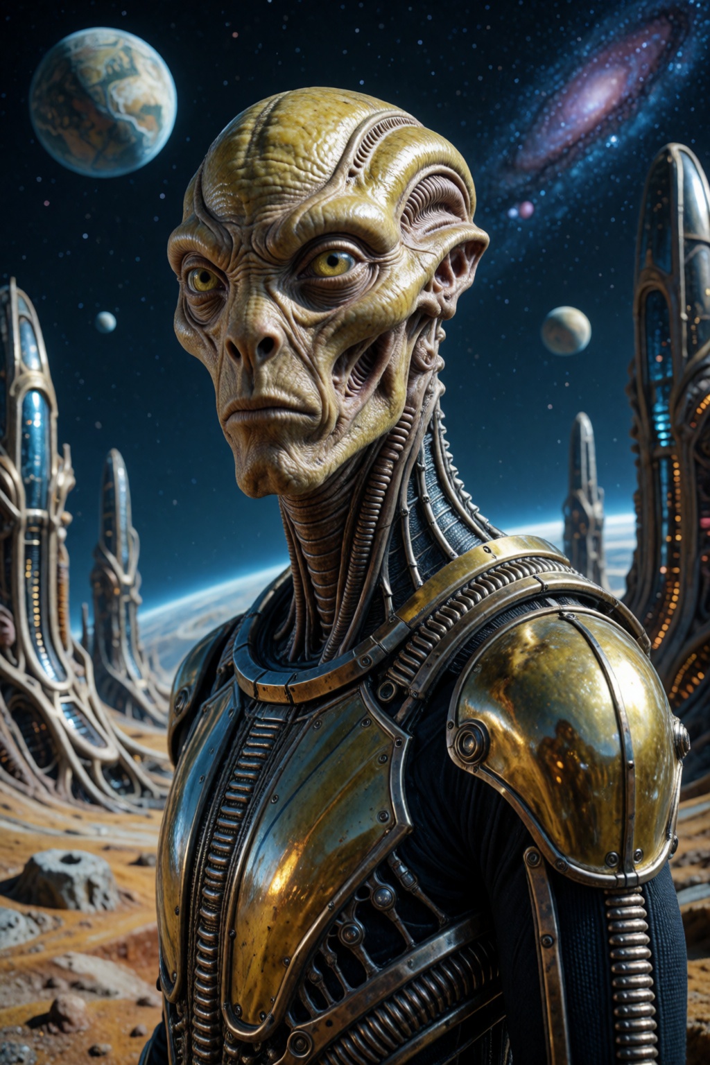 Photography portrait of an alien,  three quarter view. Slimy and shiny skin. He's wearing a biomechanical futuristic outfi...