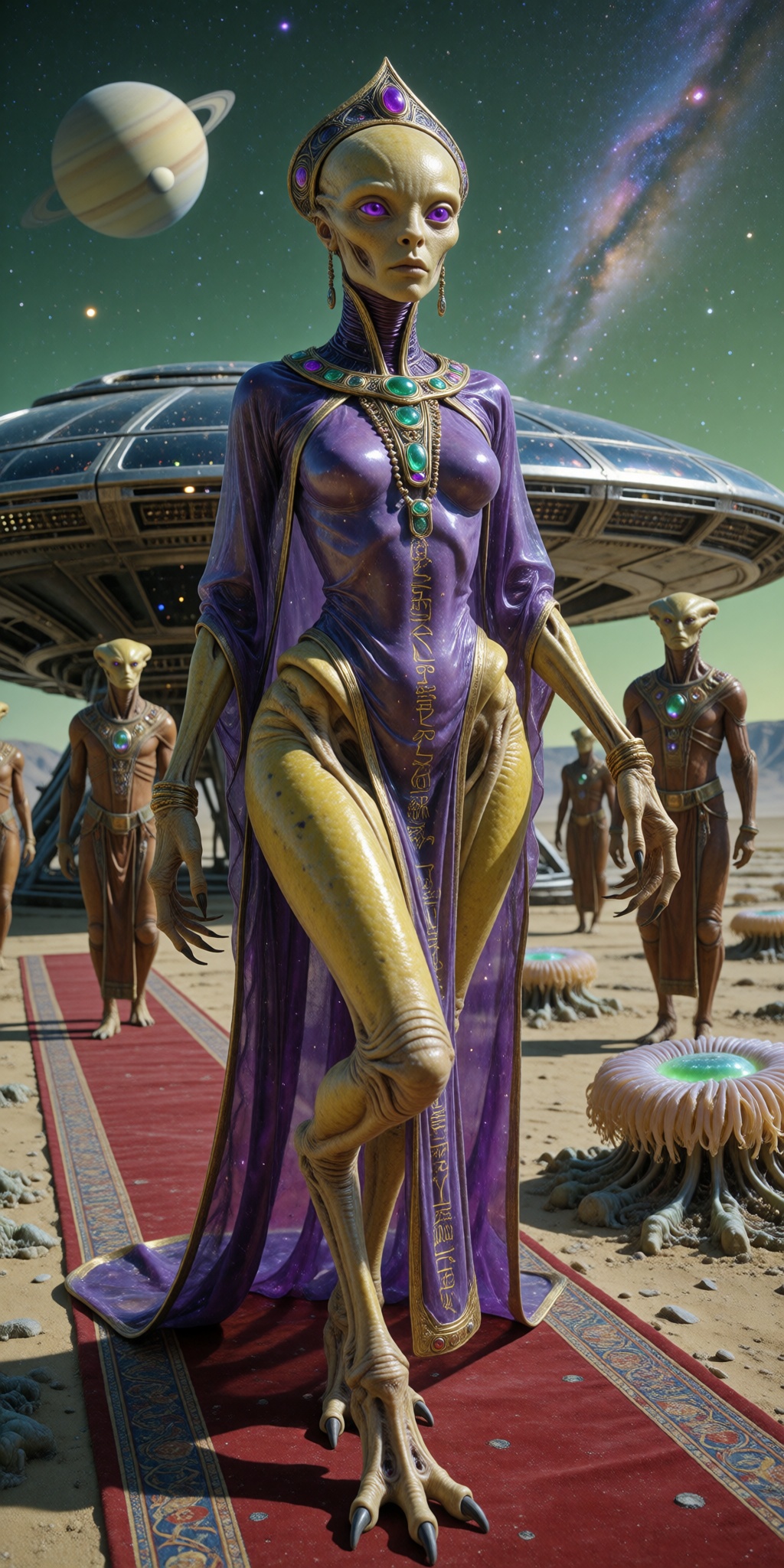 A sensual and slender female alien,  with a big bald head,  large purple eyes on Tensor.Art