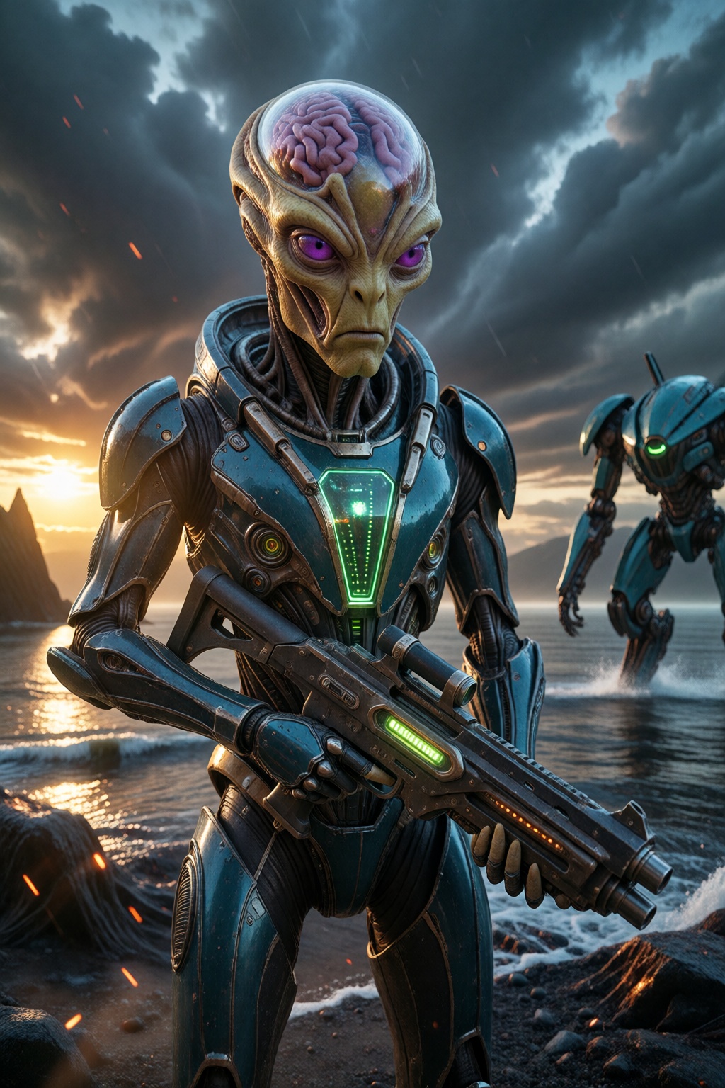 Realistic medium shot,  of an alien warrior with a look of determination and serious in his unnaturally large purple eyes....