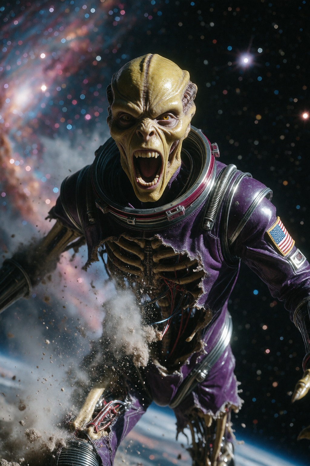 Still capture of a horror science-fiction movie. A screaming yellow-skinned alien astronaut levitates in the vacuum of dee...