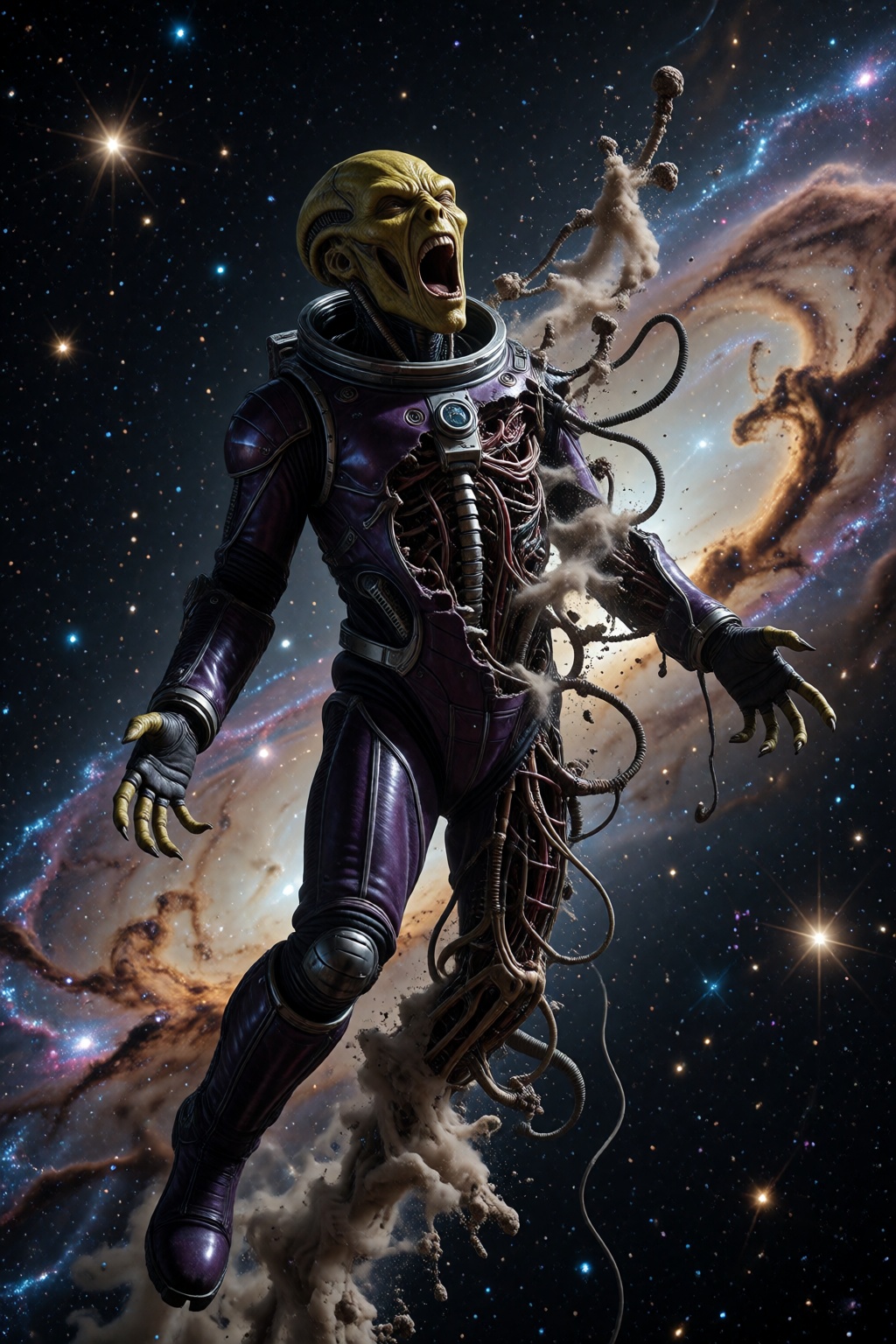 Still capture of a horror science-fiction movie. A screaming yellow-skinned alien astronaut levitates in the vacuum of dee...