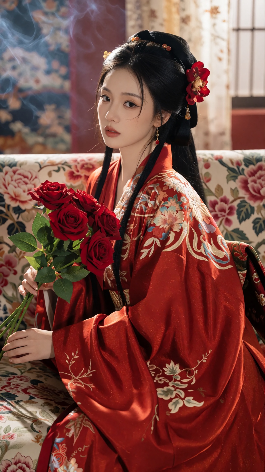 A photo-realistic shoot from a portrait camera angle about a beautiful asian woman with long black hair styled in an elega...