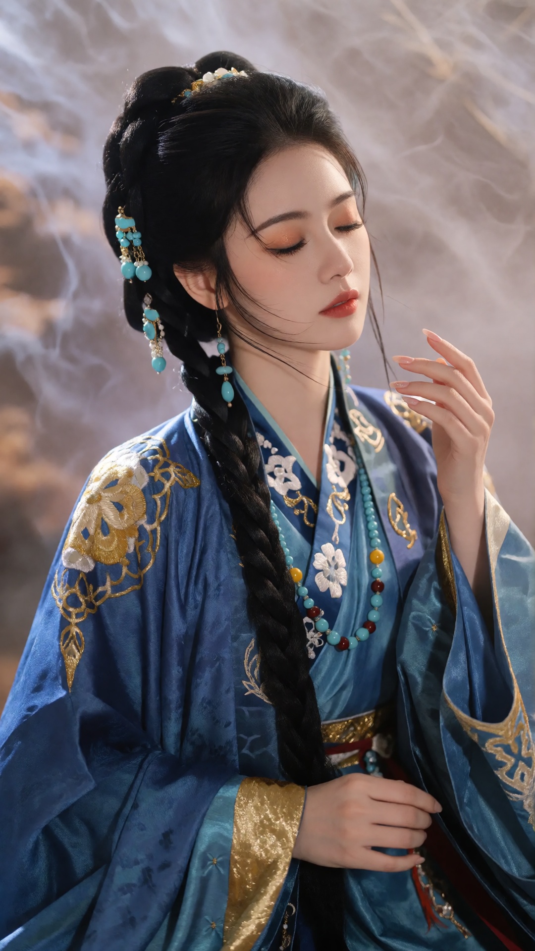 A photo-realistic portrait shoot from a portrait camera angle about a beautiful asian woman with long black hair styled in...