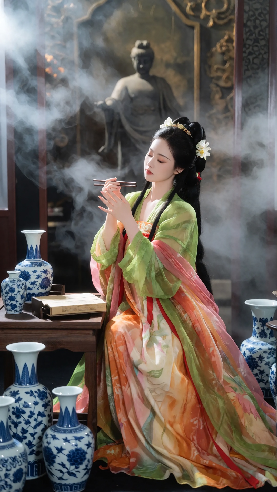 A photo-realistic shoot from a front camera angle about a woman dressed in traditional chinese clothing,  surrounded by de...