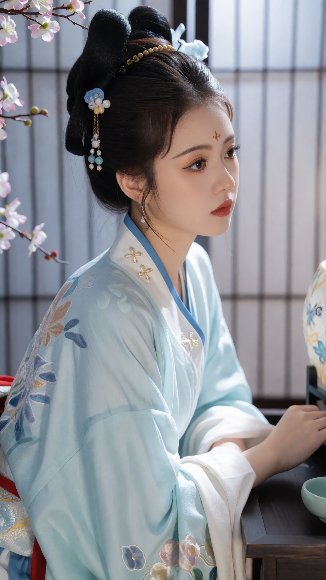 A photo-realistic shoot from a profile camera angle about a young woman in traditional japanese attire,  looking to the si...
