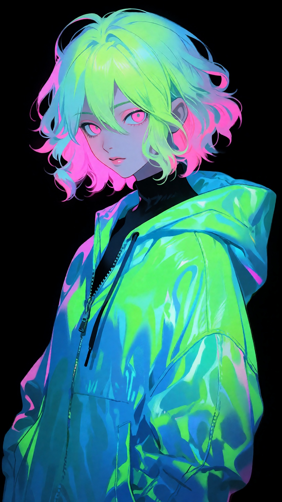 this is a digital illustration in a vibrant,  neon anime style,  the subject is a young person with a pale complexion and...