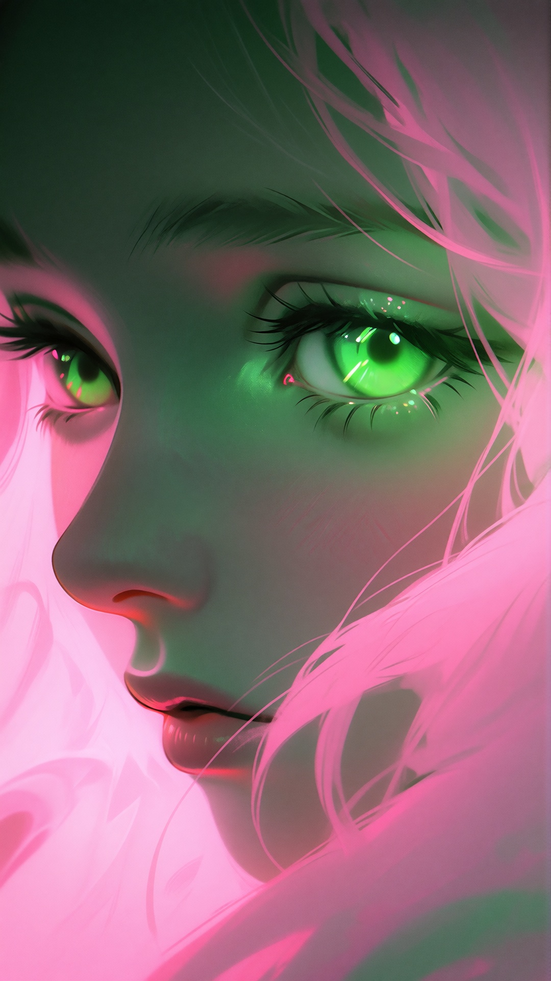 this is a digital artwork depicting a close-up of a young womans face,  focusing on her right eye,  the image uses a vibra...