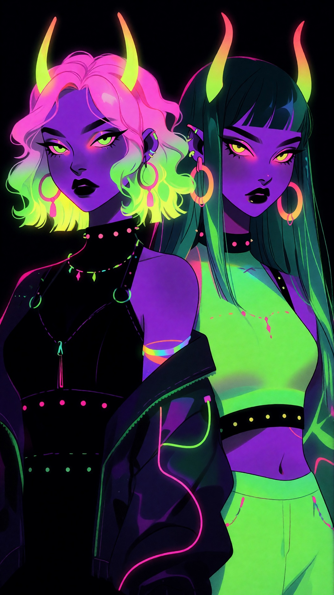 digital illustration of two neon-colored,  demon-inspired women with glowing yellow horns against a black background,  the...