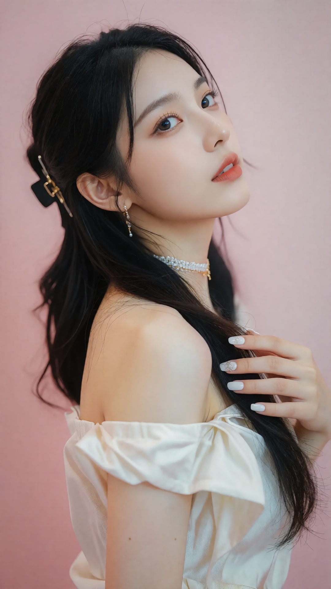 a photo-realistic portrait shoot from a profile camera angle about a young woman with long black hair styled in a hair cli...
