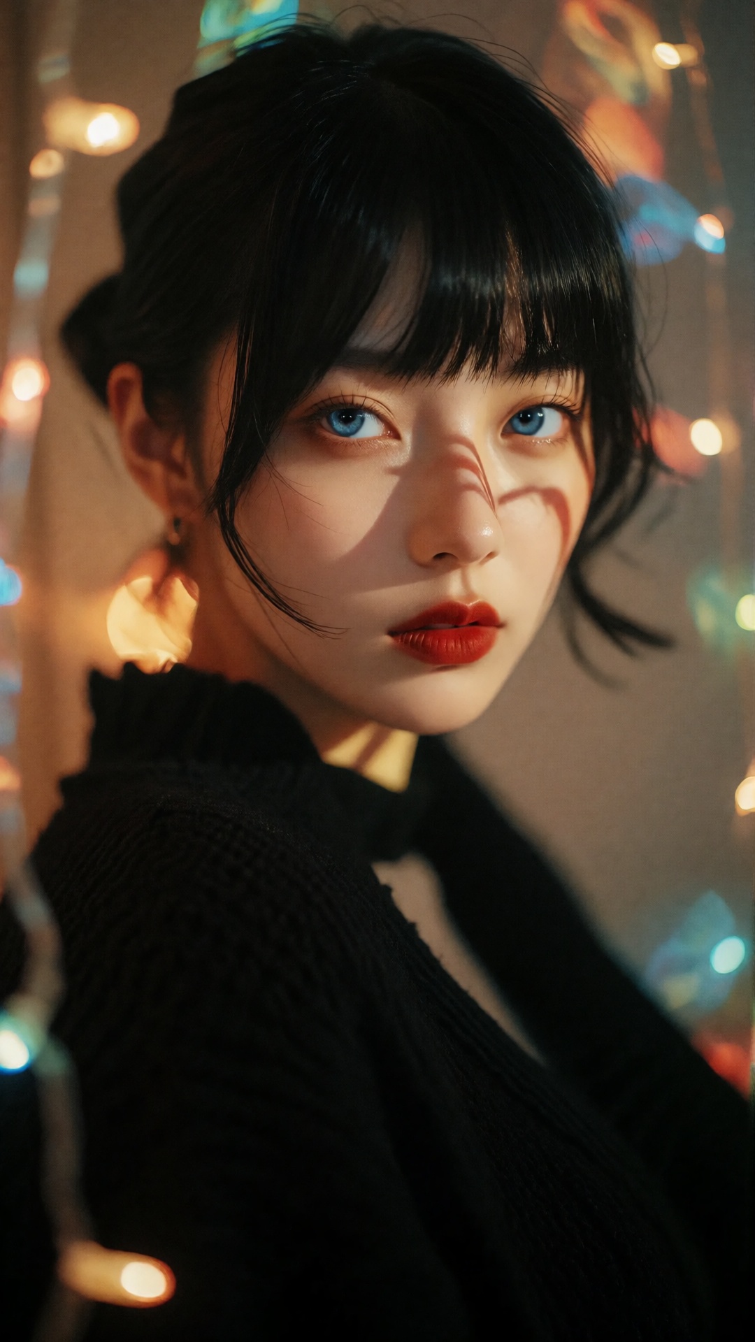 a close-up portrait of a young woman with striking blue eyes and black hair,  surrounded by colorful bokeh lights,  the wo...