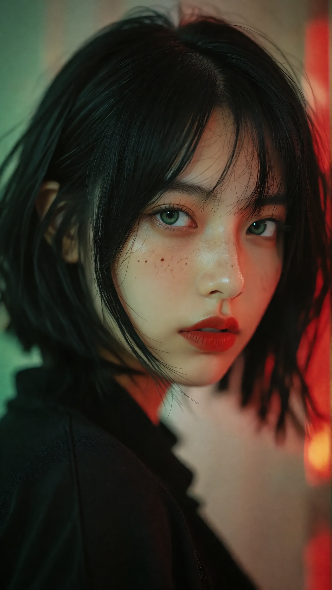 a photo-realistic portrait shoot from a close-up camera angle about a close up portrait of a young woman with striking fea...