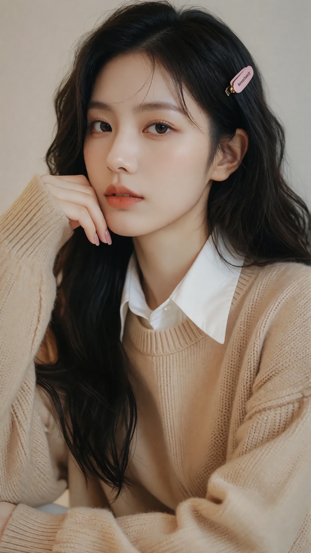 a photo-realistic shoot from a close-up camera angle about a young woman with long,  wavy black hair and a pink hair clip,...