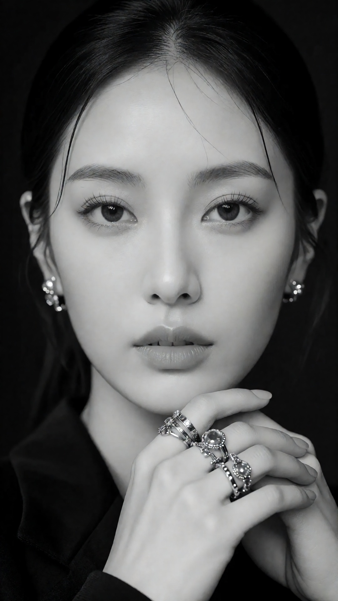 a black and white portrait shoot from a close-up camera angle about a womans face with elegant features and jewelry,  the...