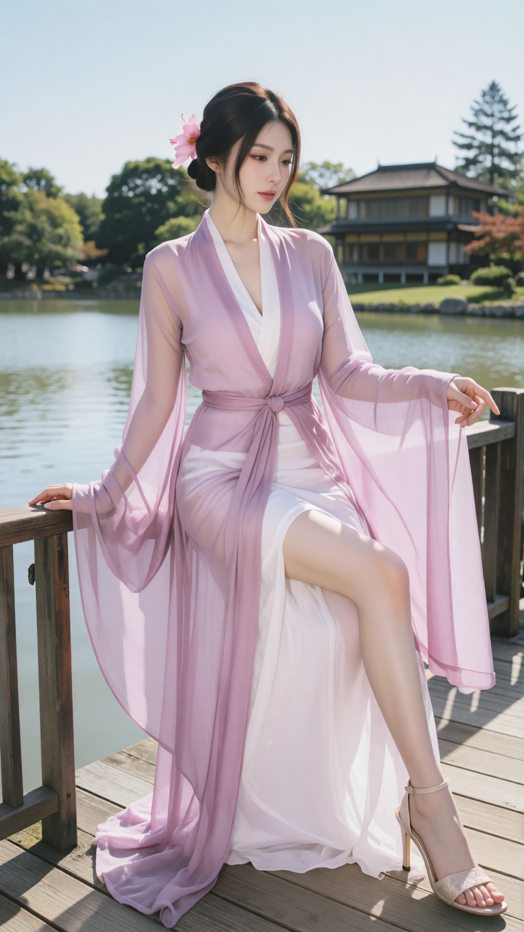 photograph of an asian woman with fair skin and dark hair styled in an updo adorned with a pink flower,  she is seated on...