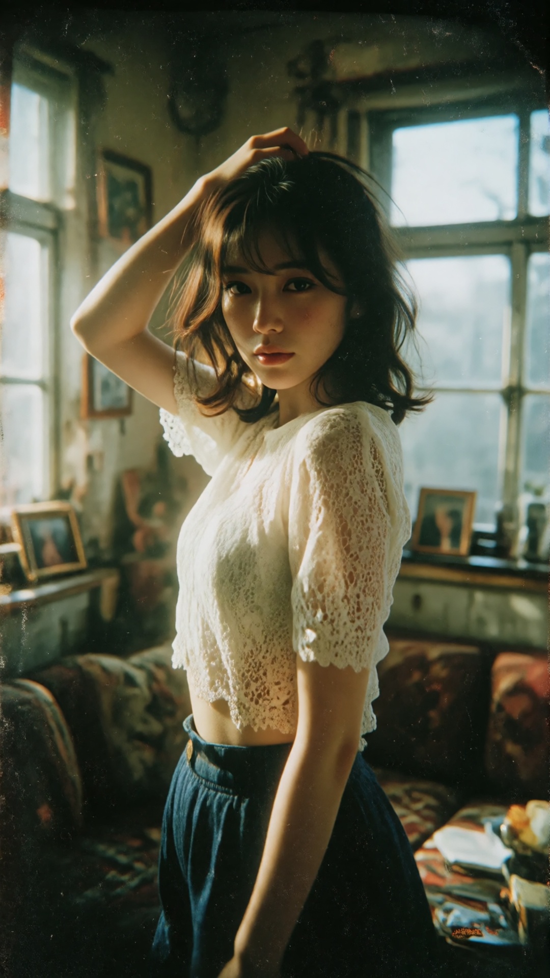 photograph of an asian woman with fair skin and shoulder-length,  dark brown hair,  standing in a dimly lit room on Tensor...