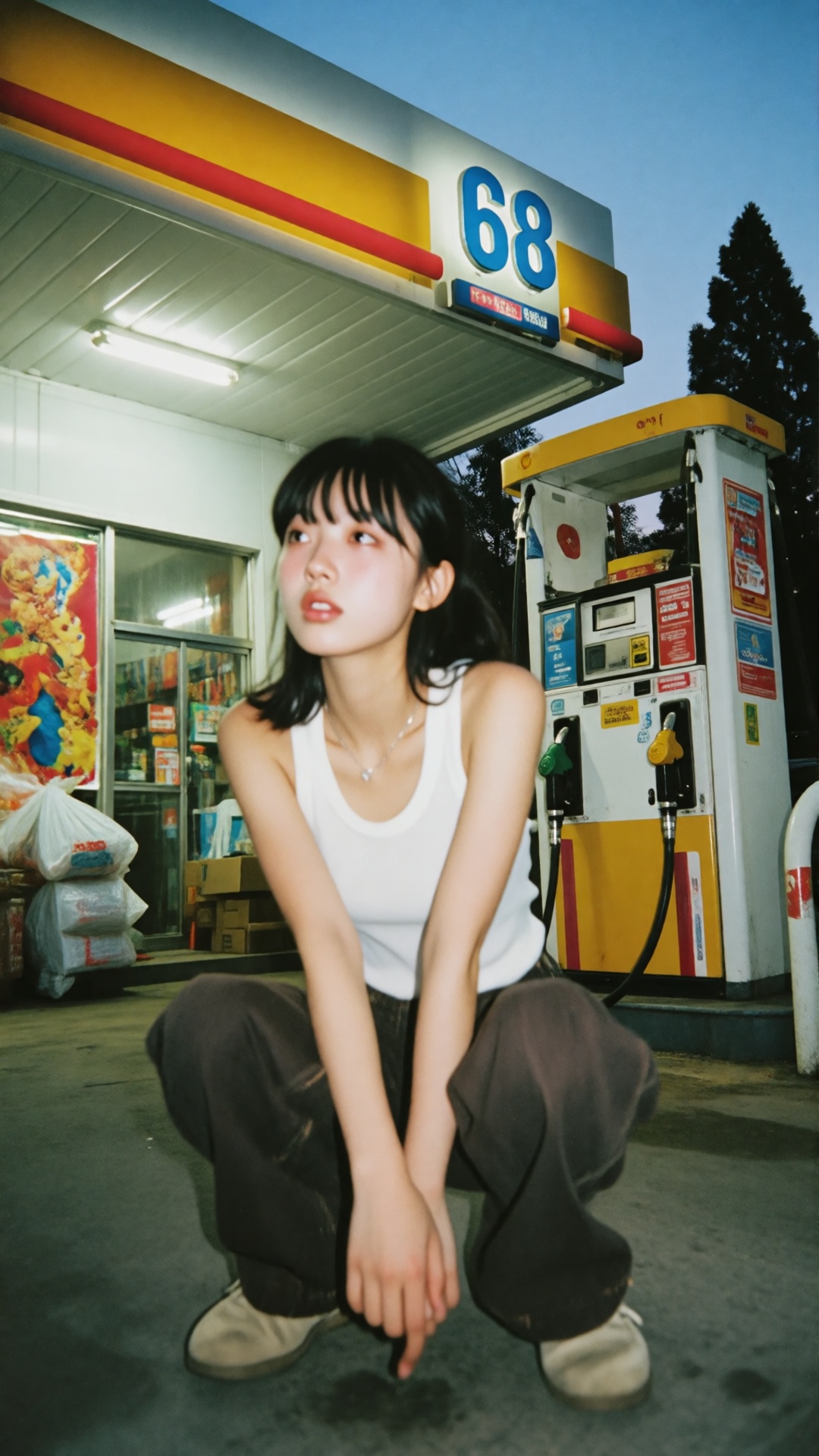 this photograph captures a young asian woman with straight black hair and bangs,  squatting in front of a 68 shell gas sta...
