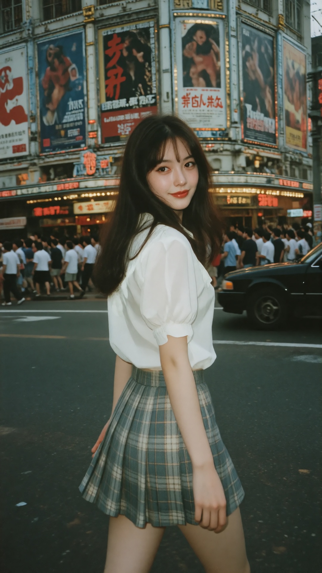 photograph of a young asian woman with long,  dark brown hair and fair skin,  standing on a busy city street at night on T...