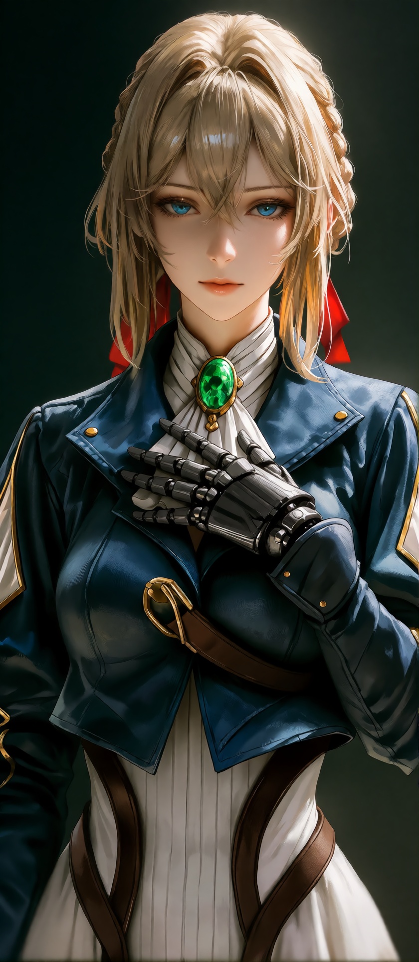 Digital artwork of a blonde woman with fair skin and blue eyes,  styled in a realistic,  anime-inspired manner. She has sh...