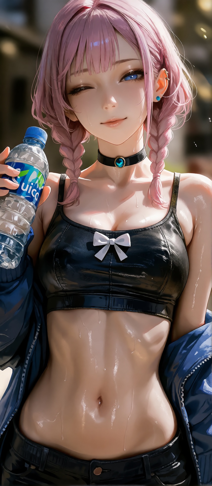 This is a highly detailed,  digital anime-style illustration of a young woman with light pink,  shoulder-length hair style...