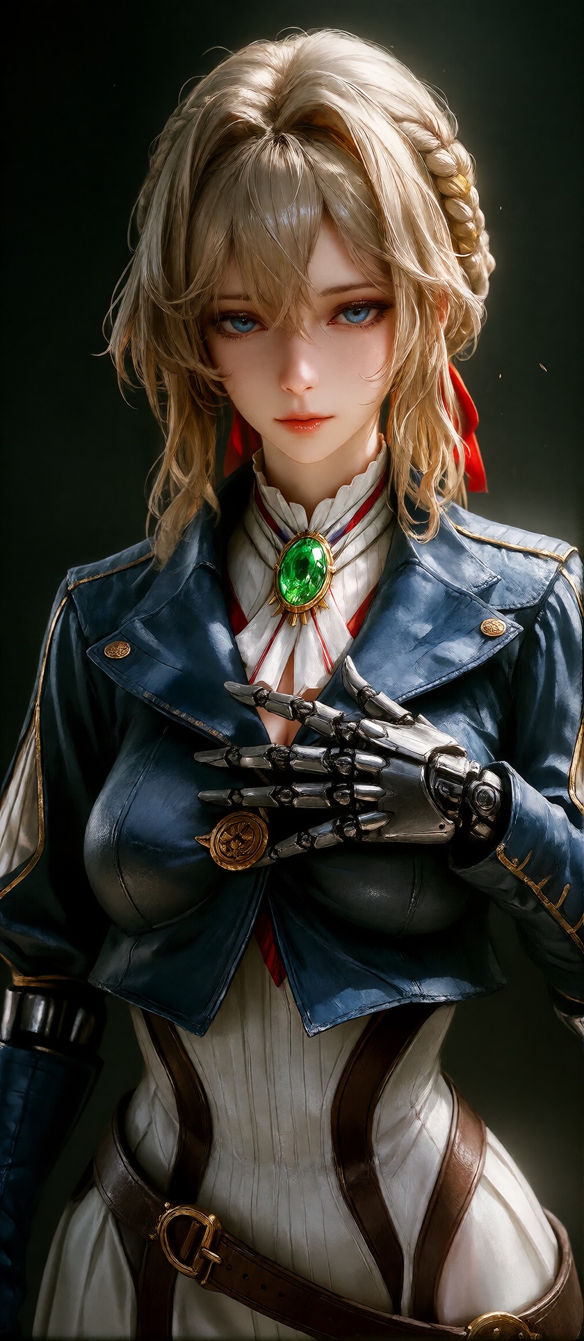 Digital artwork of a blonde woman with fair skin and blue eyes,  styled in a realistic,  anime-inspired manner. She has sh...
