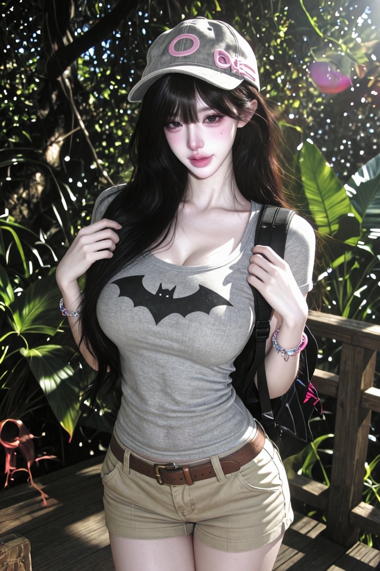 A casual outdoor portrait of a young beautiful Asian woman wearing a tight grey t-shirt with a black bat logo,  khaki shor...