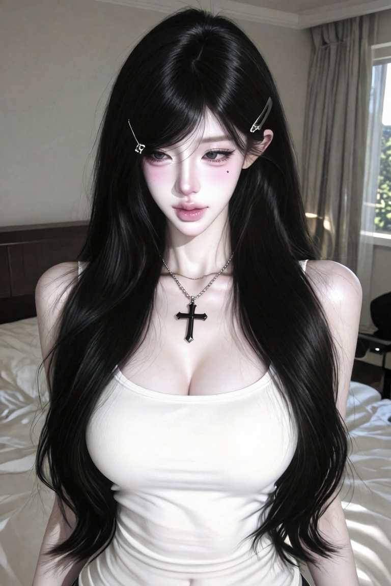 A soft,  elegant portrait of a young Asian woman with very long straight black hair,  wearing silver hair clips on both si...