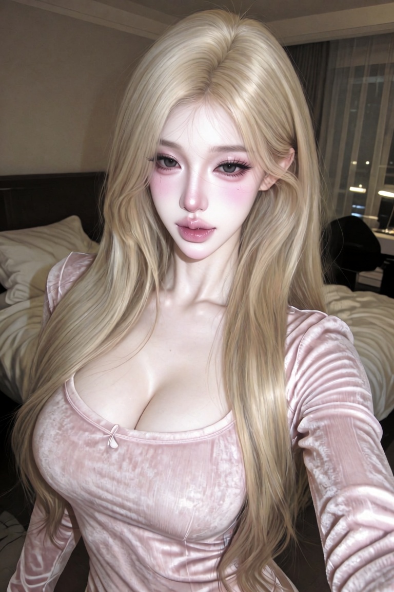 A photorealistic portrait of a young beautiful Asian woman with long blonde hair,  wearing a pink velvet long-sleeve top w...