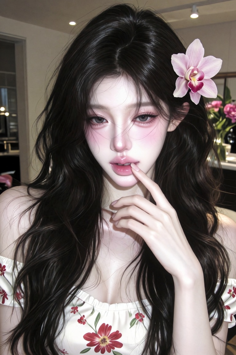 A soft and romantic portrait of a beautiful young Asian woman with long voluminous dark wavy hair,  wearing a delicate pin...