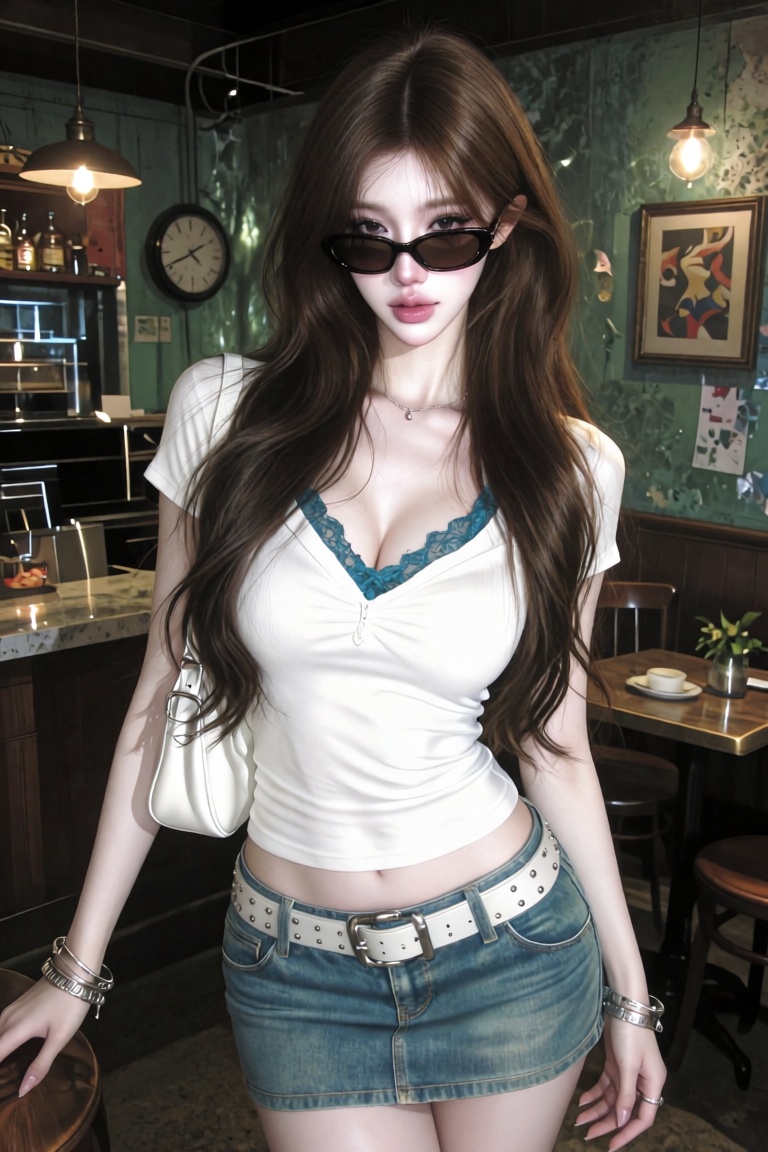 A stylish portrait of a young attractive Asian woman with long brown hair,  wearing dark vintage oval sunglasses,  a tight...