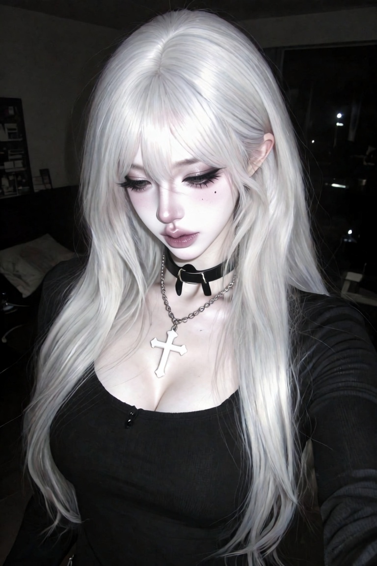 A high-contrast gothic portrait of a very pale young woman with long white silver hair,  wearing a black top,  a black cho...
