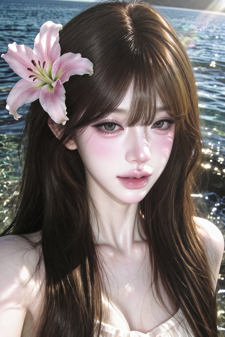 A beautiful close-up portrait of a young Asian woman with long straight brown hair and soft bangs,  wearing a large beauti...