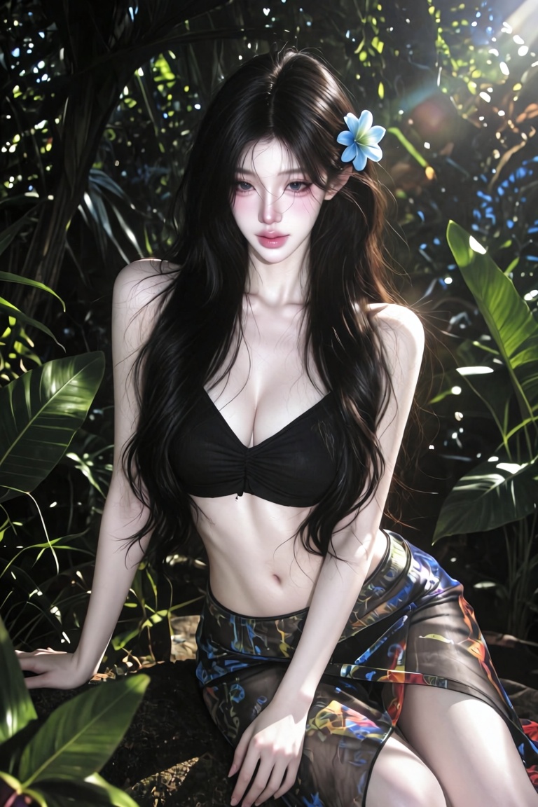 A beautiful young Asian woman sitting gracefully in a dark,  lush tropical jungle,  wearing a sheer patterned skirt and a...
