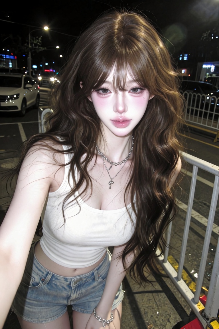 A casual nighttime photo of a beautiful young Asian woman with long wavy brown hair and soft bangs,  wearing a white ribbe...