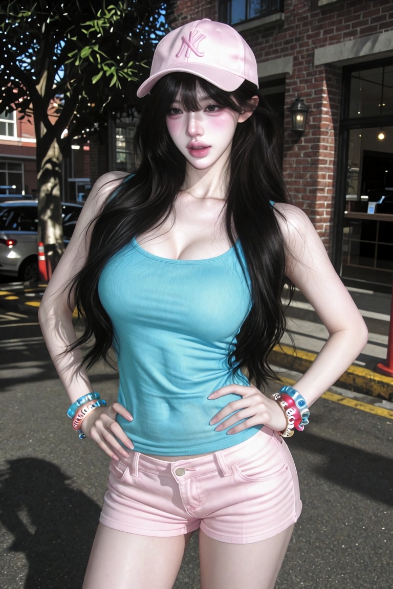A casual street style photo of a young beautiful Asian woman wearing a pink baseball cap,  a tight turquoise **** top,  an...