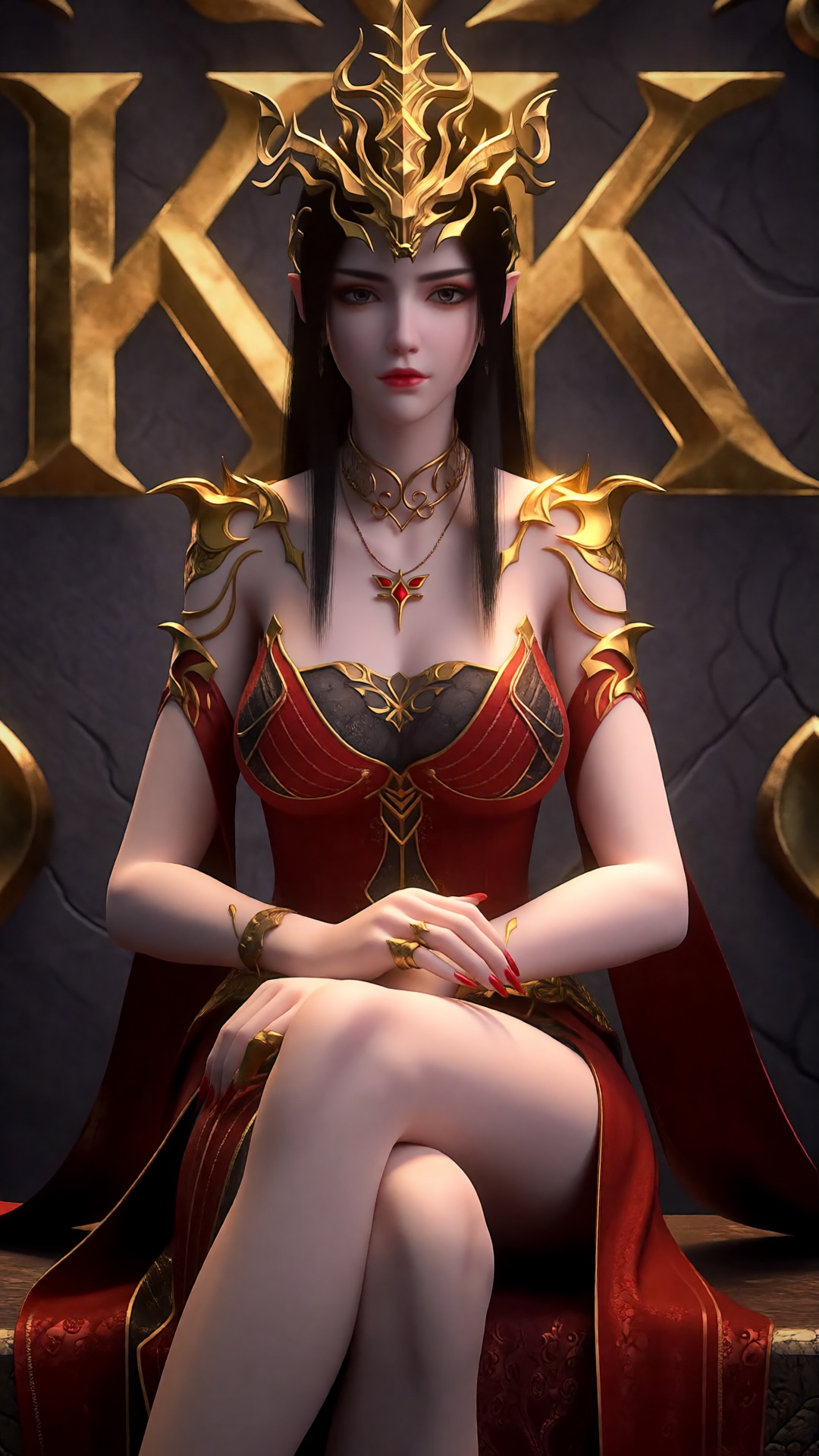 meidusha,  a 3D rendering of a woman in a red dress,  adorned with a crown on her head on Tensor.Art