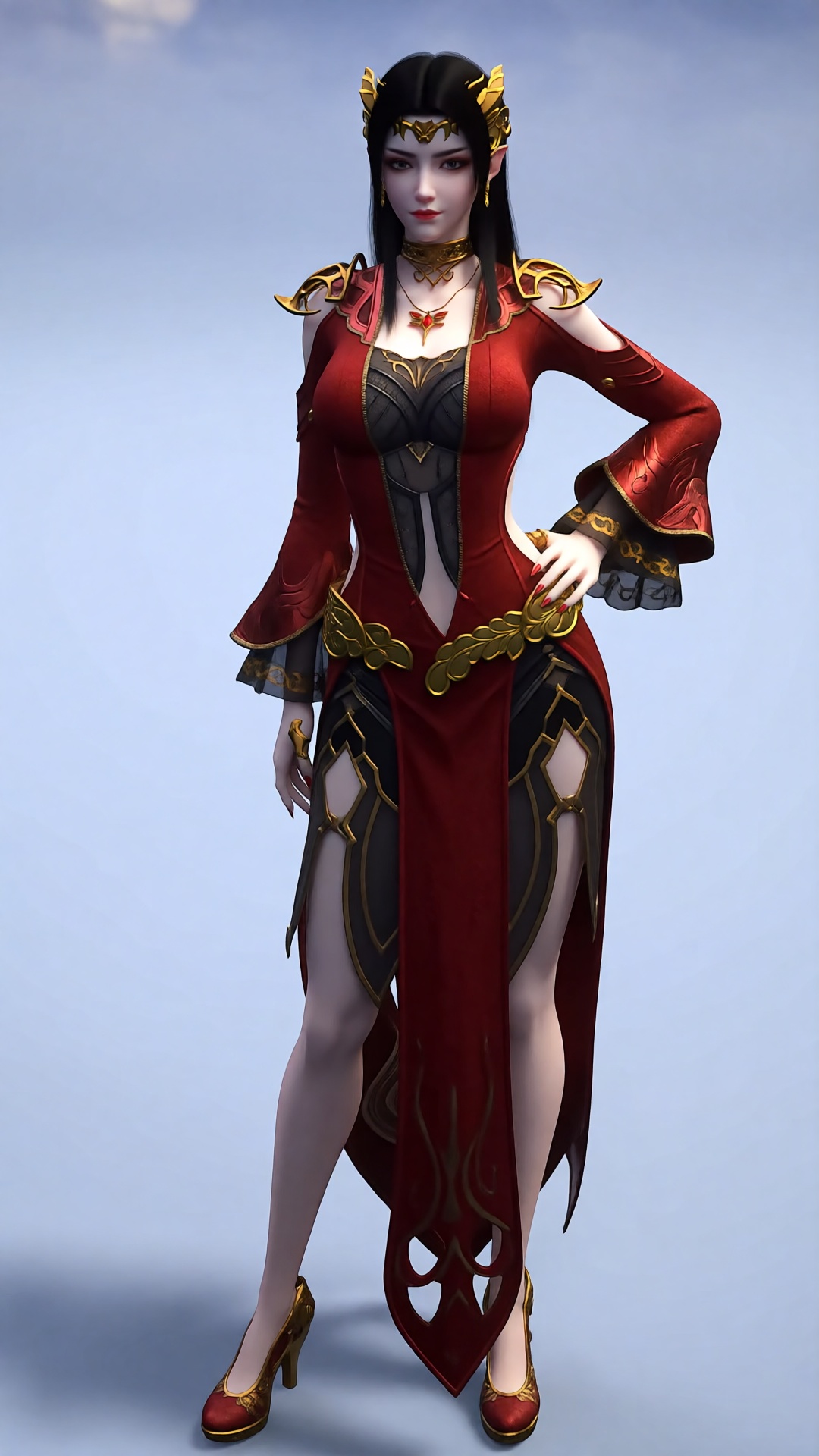 meidusha,  a woman dressed in a red and black costume,  adorned with gold accents on Tensor.Art