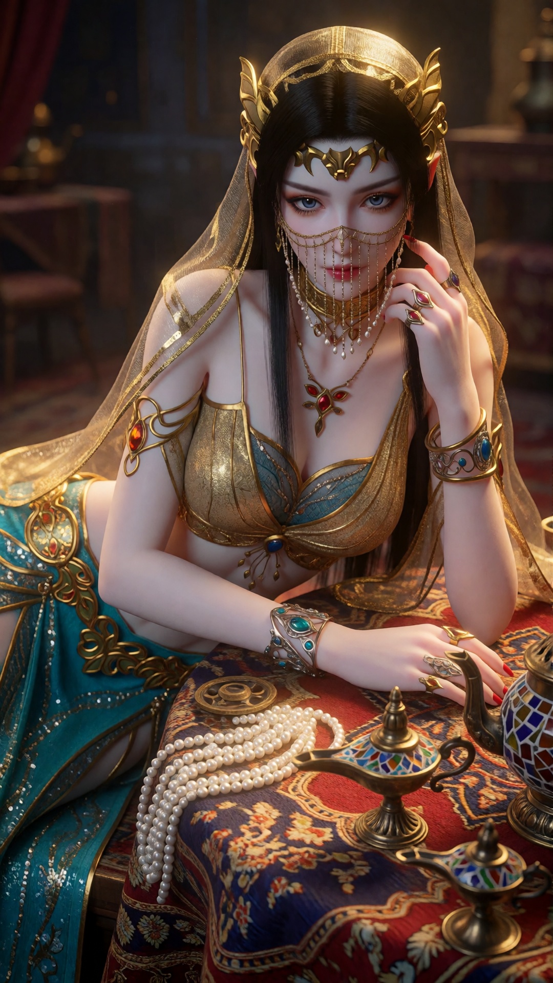 meidusha,  A stunning,  ethereal woman in an opulent Middle Eastern fantasy style on Tensor.Art