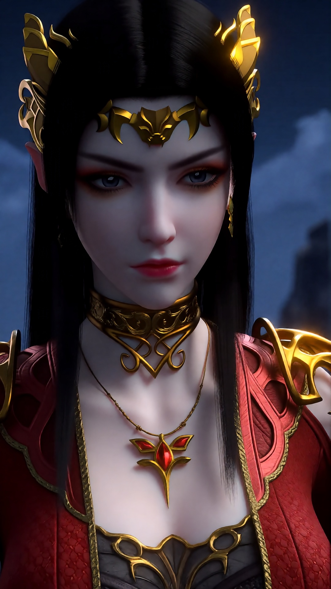 meidusha,  a 3D rendering of a woman's face is adorned with a gold necklace,  adorned with an intricate design. The woman'...