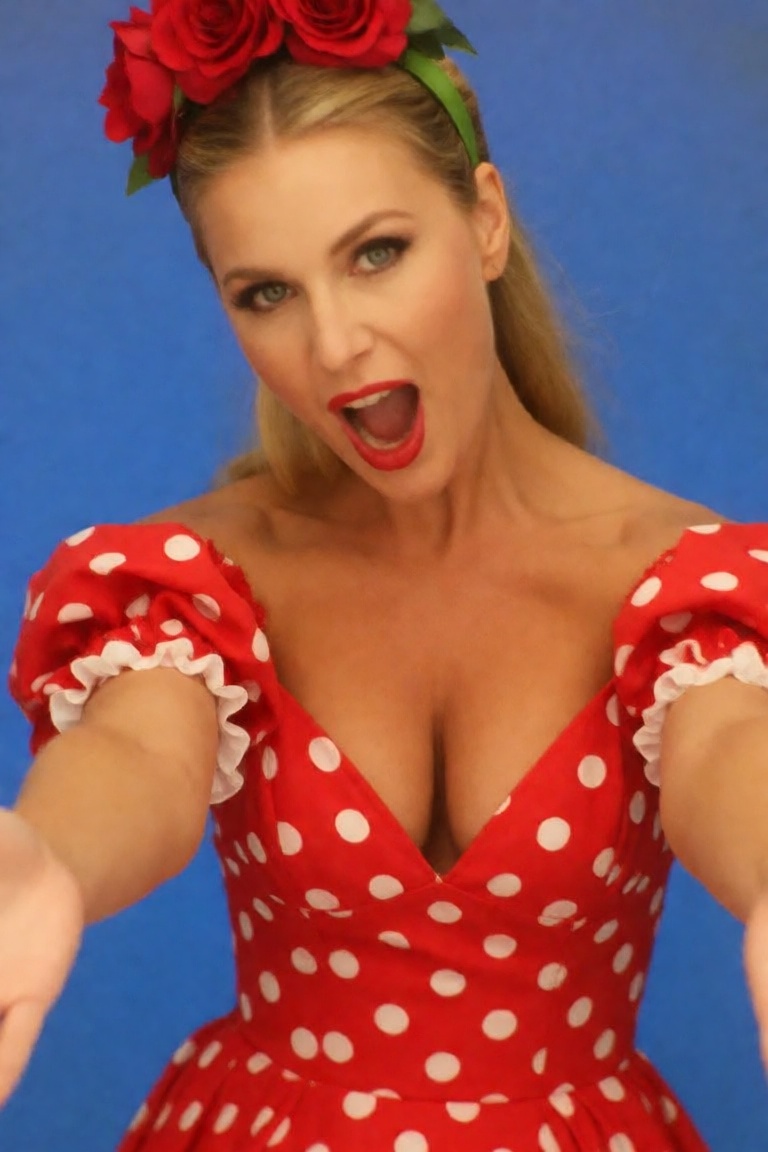 80scinematic The image is a photograph of a blonde woman with fair skin,  wearing a red,  off-the-shoulder on Tensor.Art