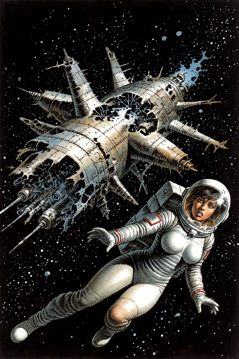 Wreckage of a spaceship drifting through the inky blackness of space,  a nervous female astronaut wearing a space suit flo...