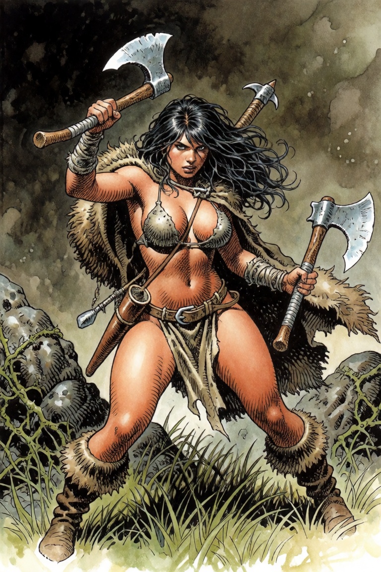 Female fantasy ranger,  dual wielding hatchets,  dynamic pose on Tensor.Art