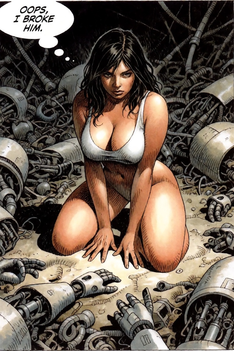 A woman kneeling amidst a scattered pile of robot limbs and parts,  thought bubble with the words "Oops,  I broke him." on...