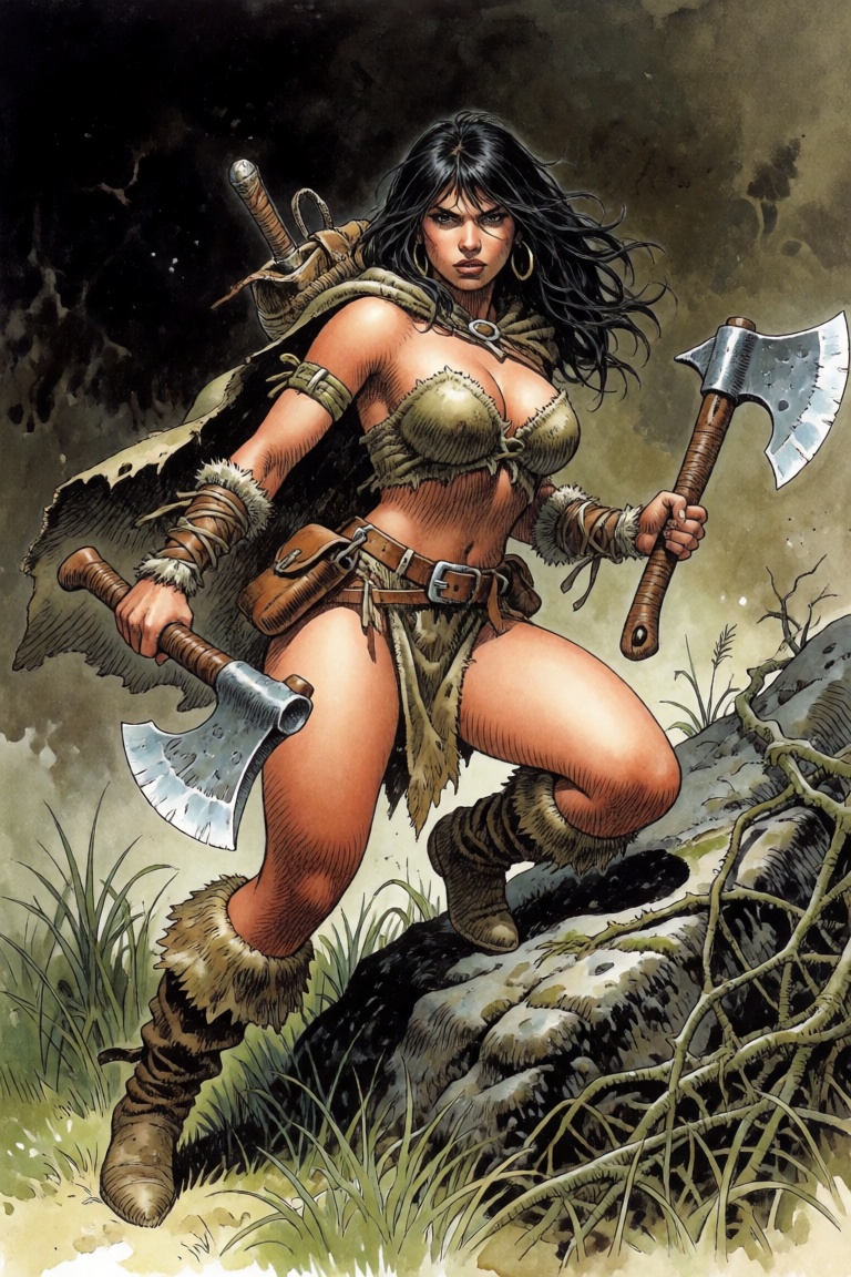 Female fantasy ranger,  dual wielding hatchets,  dynamic pose on Tensor.Art