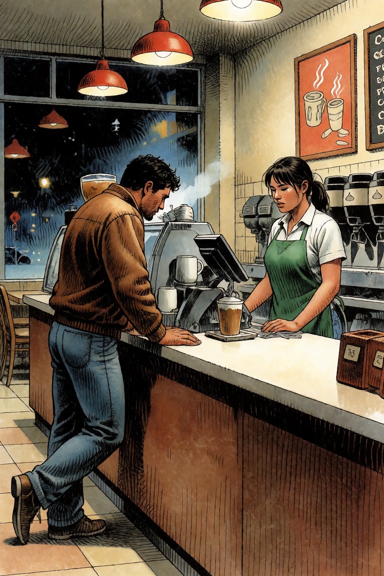 A coffee shop interior at night,  a man leaning against the counter,  a bored female employee behind the counter rolling h...
