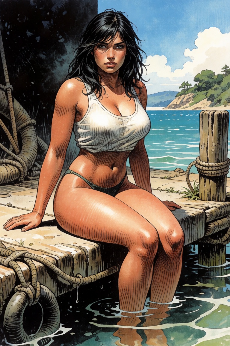 A woman sitting on a dock on Tensor.Art