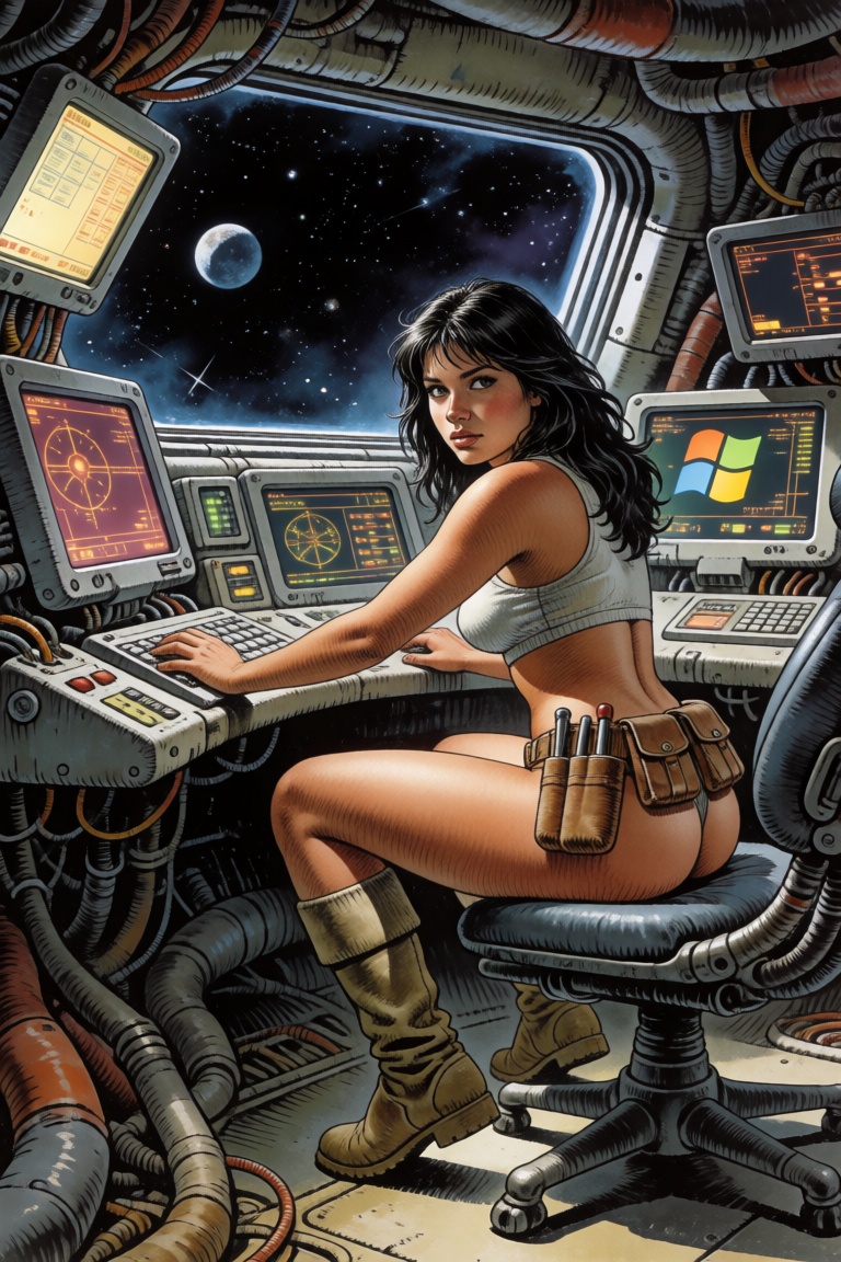 A sci-fi crew woman,  interior of a spaceship,  glowing computer screens on Tensor.Art