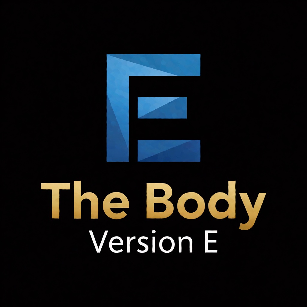 a blue logo of the letter "E",  above the golden text "The Body" underneath white text "Version E",  black background on T...